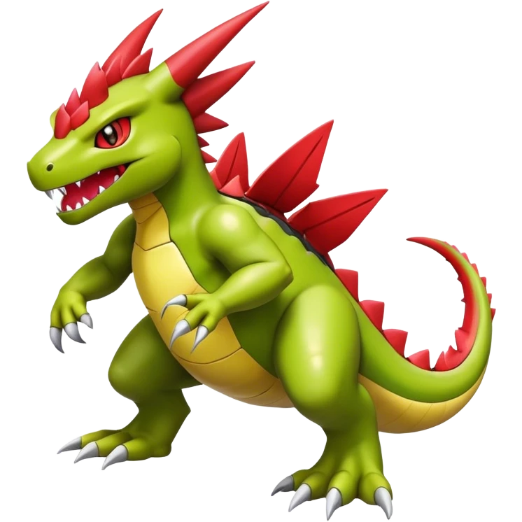 Cool cute shiny futuristic Guilmon-Flygon-Tyranitar-Digimon-hybrid-fusion, yellow belly, full body emoji