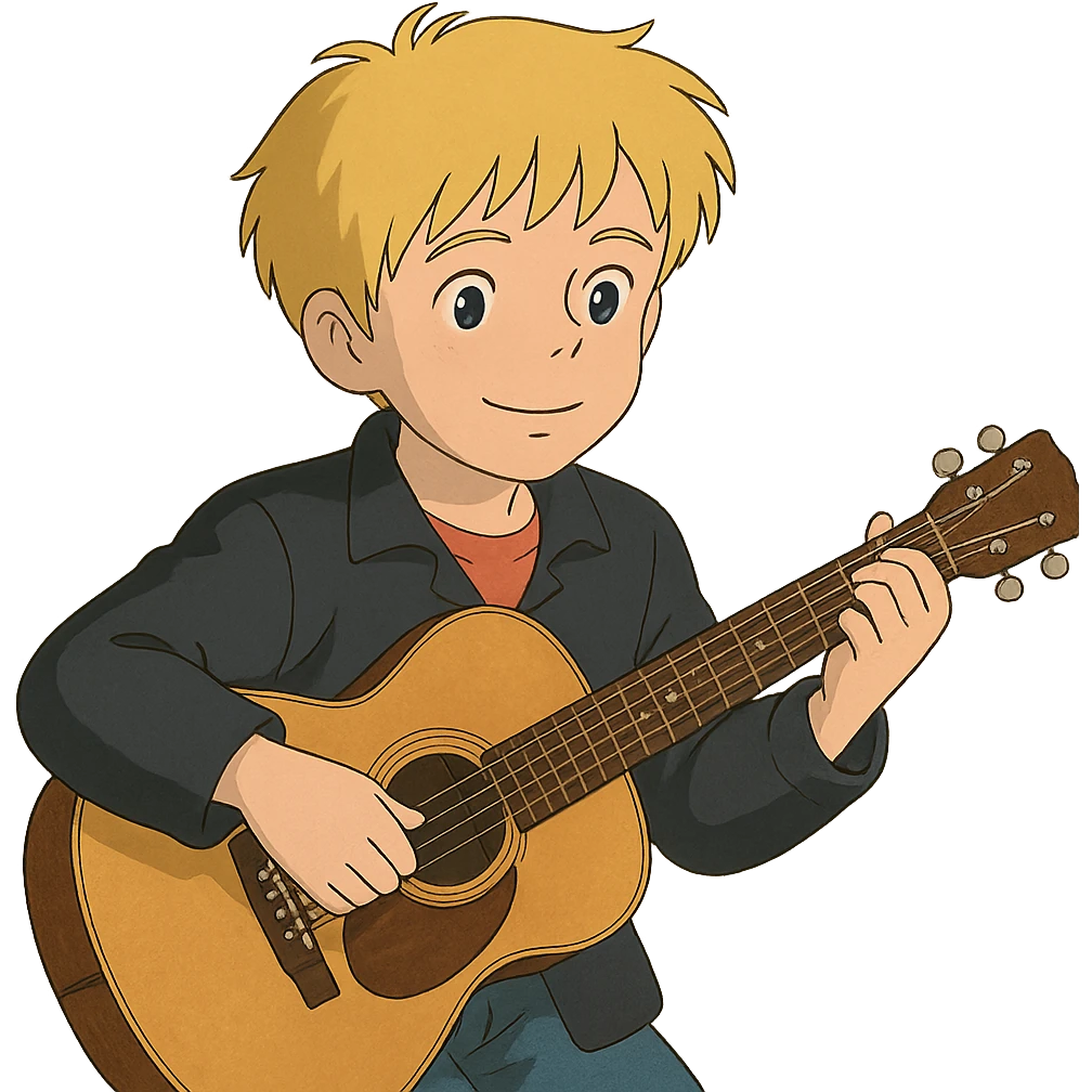 young blonde boy in a black jacket playing a guitar in ghibli style emoji