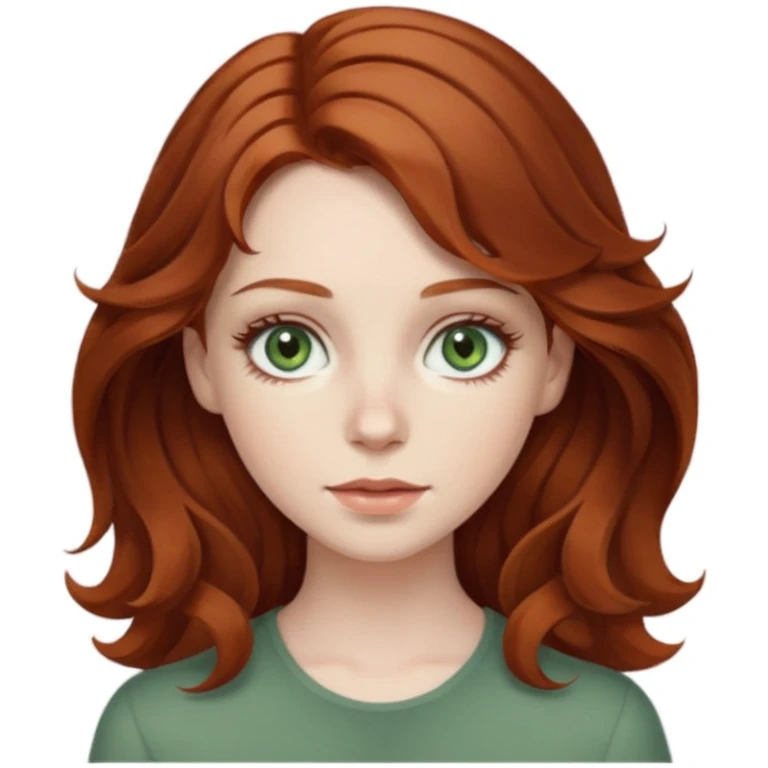 caucasian, pale, auburn haired girl, with medium length wavy hair, and sage green eyes with long eyelashes emoji