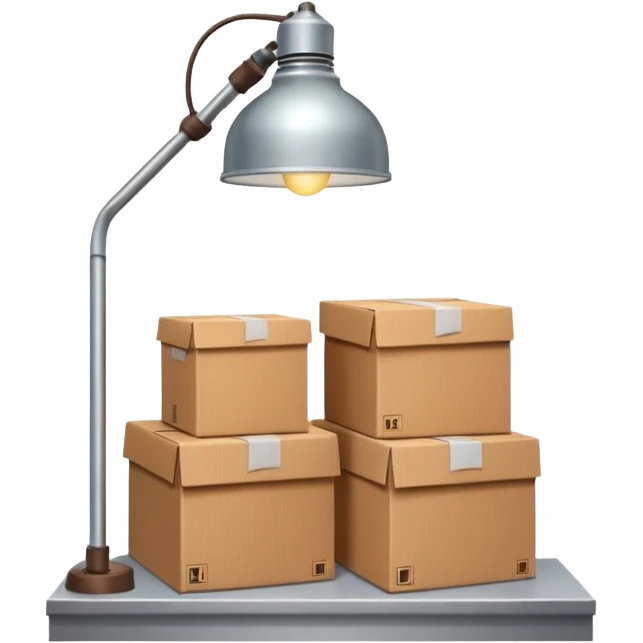 front view of a warehouse shelf with packages and a single round lamp on top emoji