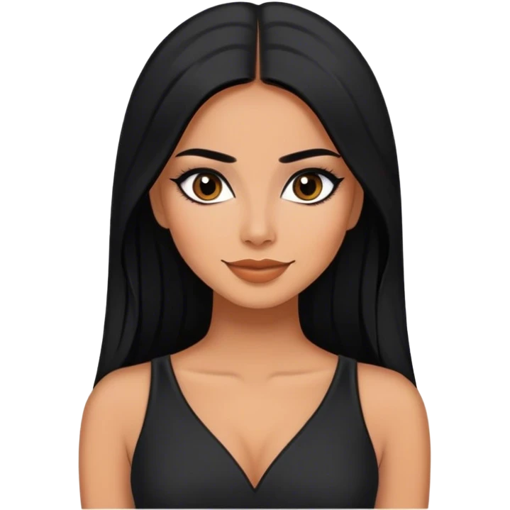 beautiful woman, with long straight black hair, with make up, black eye liner, smile, mexican, brown skin, wearing beautiful sexy black outfit, she has a shy attitude  emoji