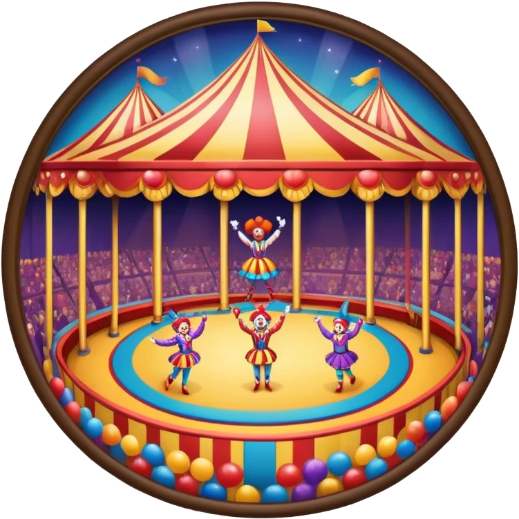 Icon for Circus Arts: a grand vibrant round circus arena with girls acrobats, a clown, and performing bears. The icon should capture the excitement and energy of the circus, with colorful costumes and a lively atmosphere. Transparent background. emoji