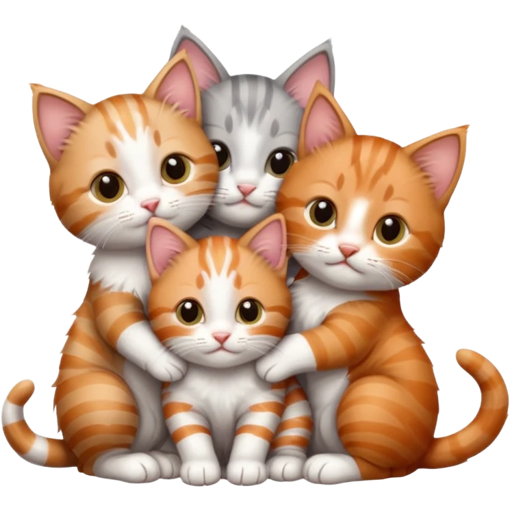 3 kittens cuddling together all different colours, the first one is grey and white, the second is ginger and white and the third is brown tabby and white emoji