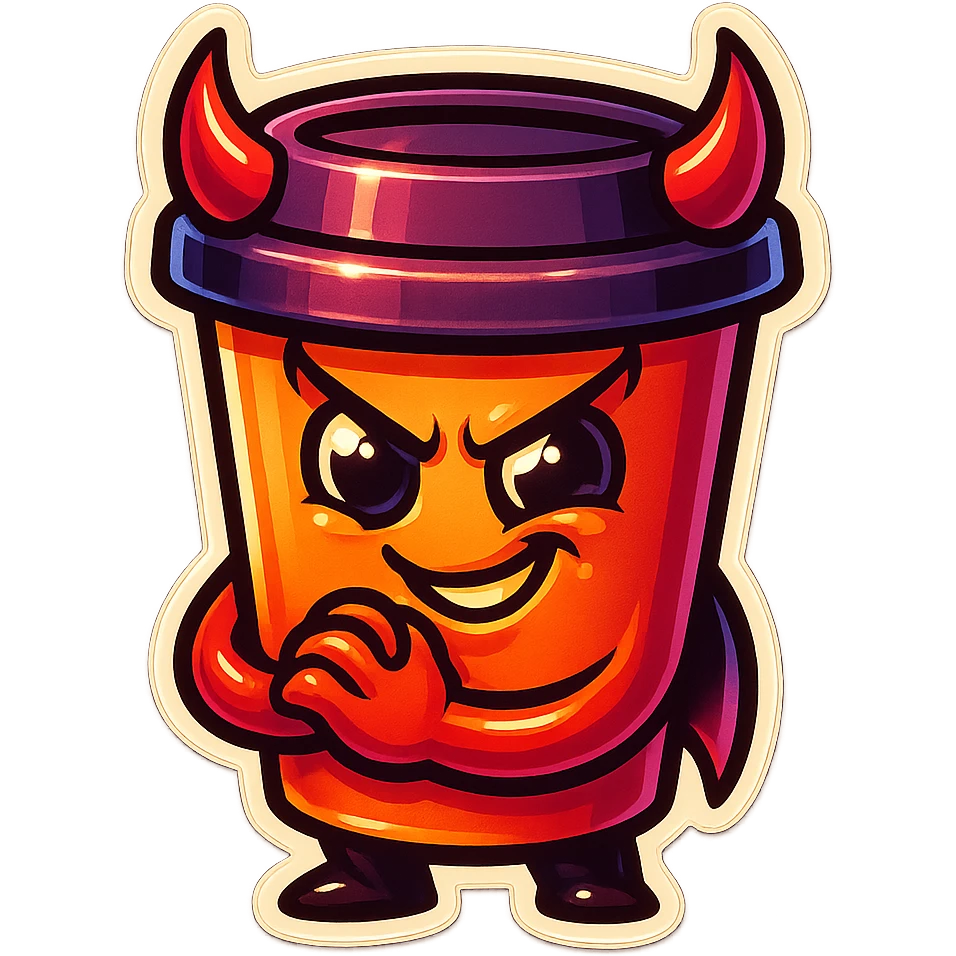 Tall coffee cup, devil horns, smirking, evil, rubbing hands together emoji