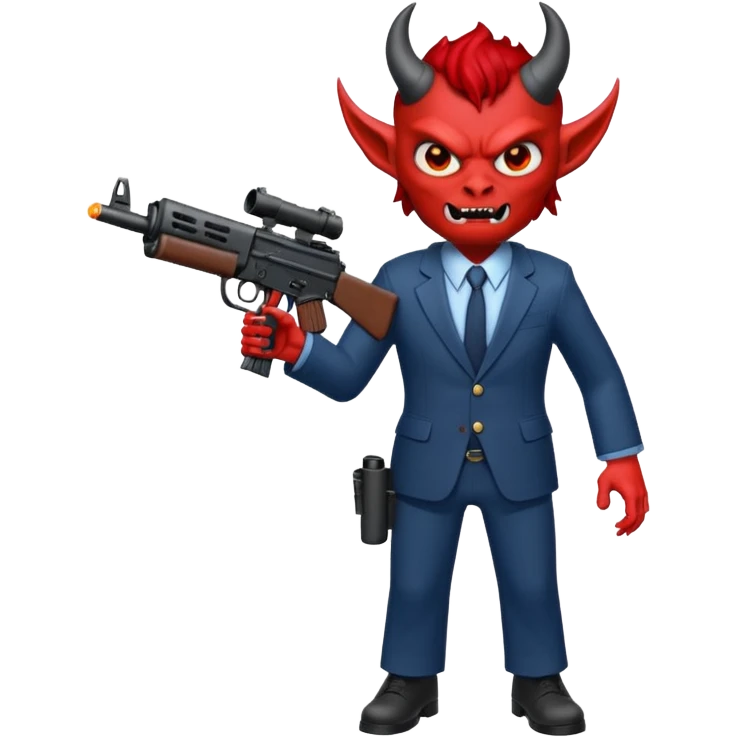 A Demon from hell that is dressed like a fbi agent with a machine gun, full body pointing the machine fun to the left. In the style of your be emoji