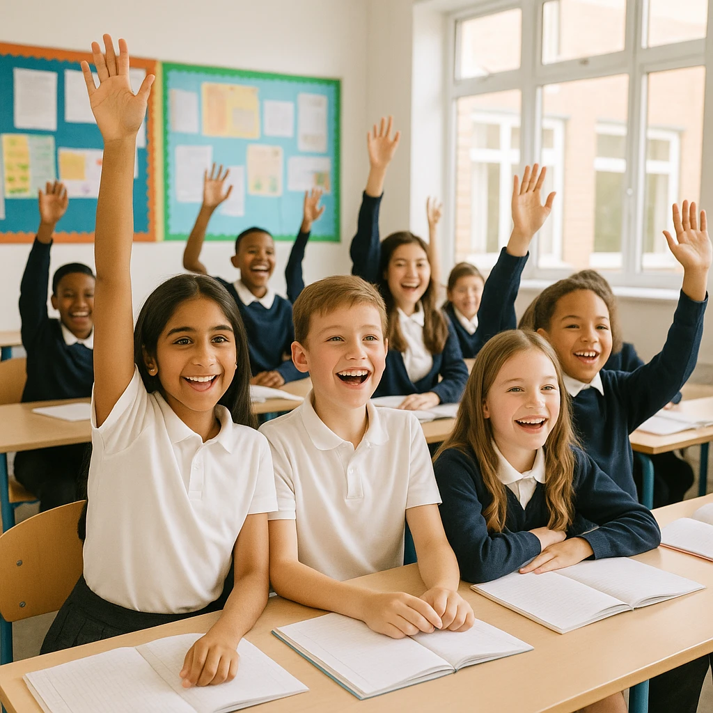 group of students in school uniforms, both genders, enthusiastically raising hands in class, lively and interactive environment emoji