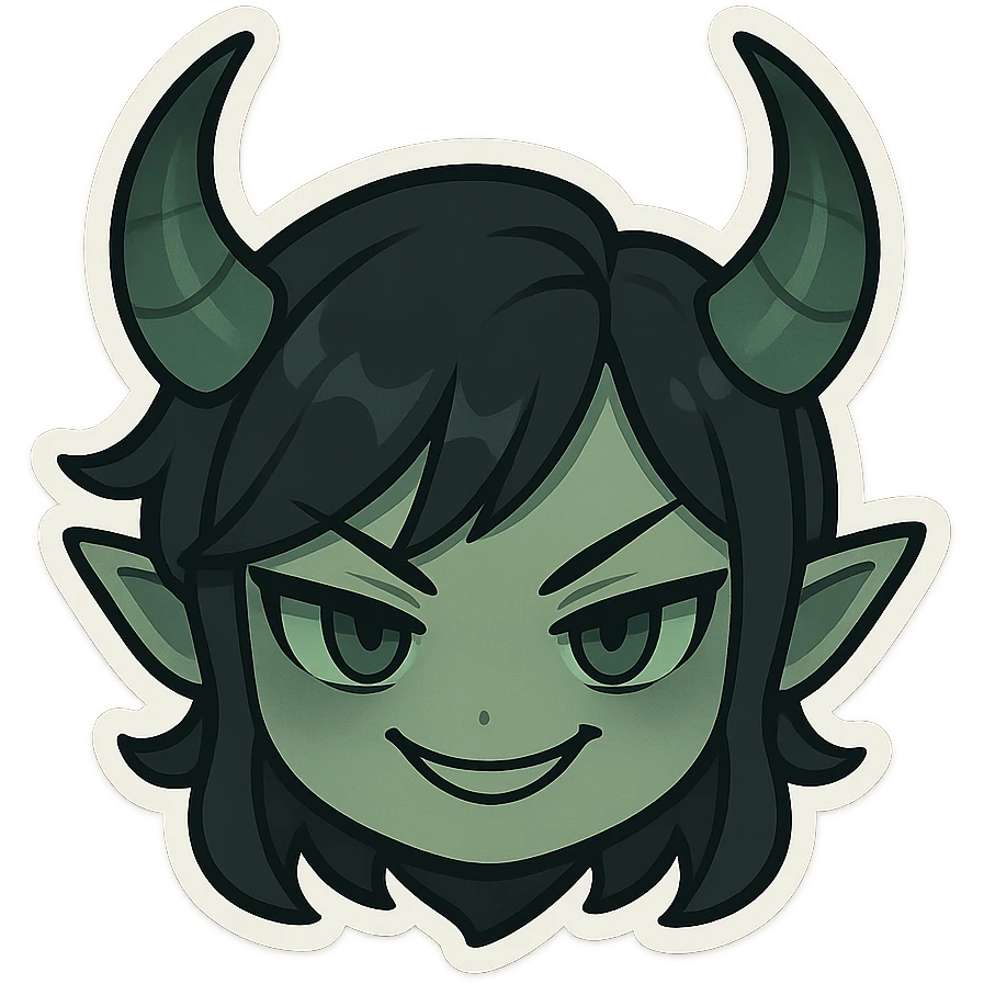 devil emoji in chibi style with gothic palette black and green, elegant horns, sinister smile emoji
