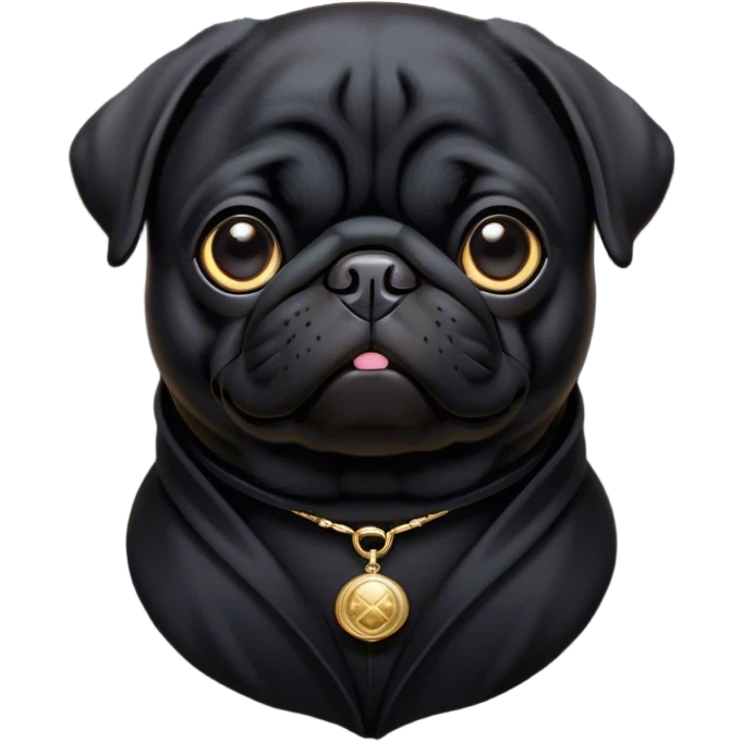 Cinematic Noble Black Pug Portrait Emoji, Poised and regal, with a compact, sturdy build and a sleek, shiny pure black coat, deep-set soulful dark eyes, Simplified yet sharp and sophisticated features, highly detailed, glowing with a soft, dignified glow, high shine, intelligent and spirited, stylized with an air of confidence, focused and attentive, soft glowing outline, capturing the essence of a watchful and commanding companion, so majestic it feels as though it could prance out of the screen with effortless authority! emoji