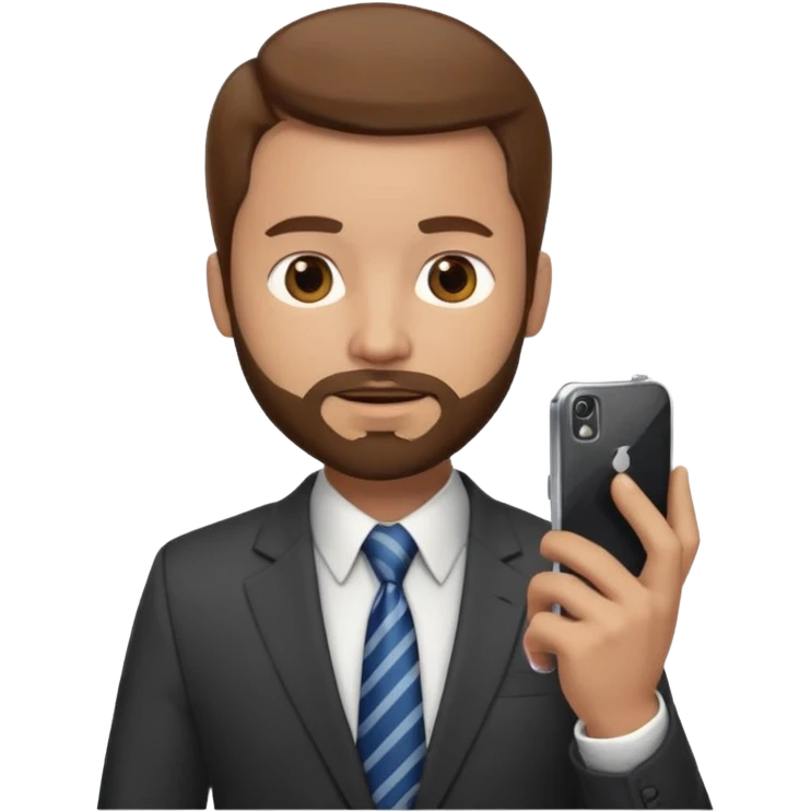 Escribano hombre con un poco de barba,  de traje con tez clara pelo color castaño, vestido con traje camisa y corbata y celular en mano .  emoji