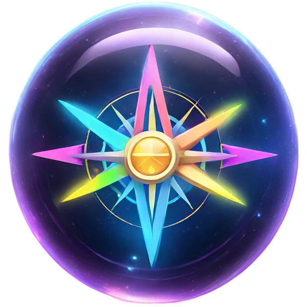 A glowing, holographic compass with vibrant neon arrows spinning inside a crystal-clear sphere. emoji
