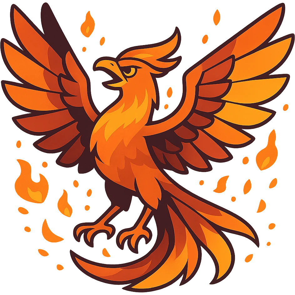 a majestic phoenix with fiery feathers, wings spread, glowing embers, dramatic pose emoji