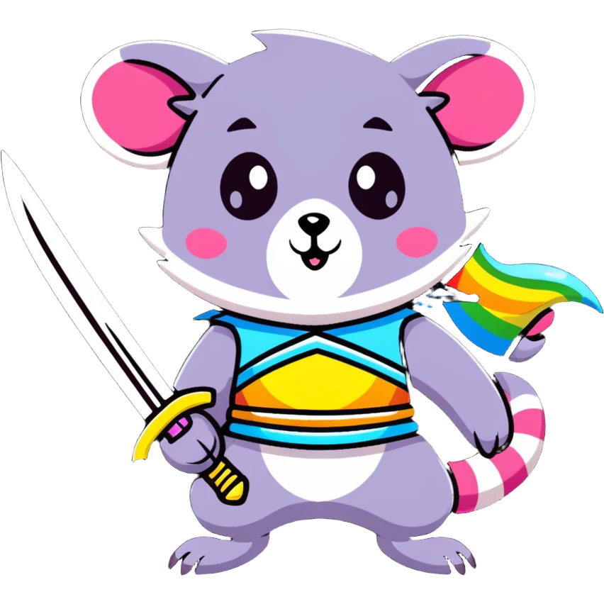 A cute pastel colored possum warrior holding a gleaming sword, with rainbow fur, sparkly eyes, and colorful stars around emoji