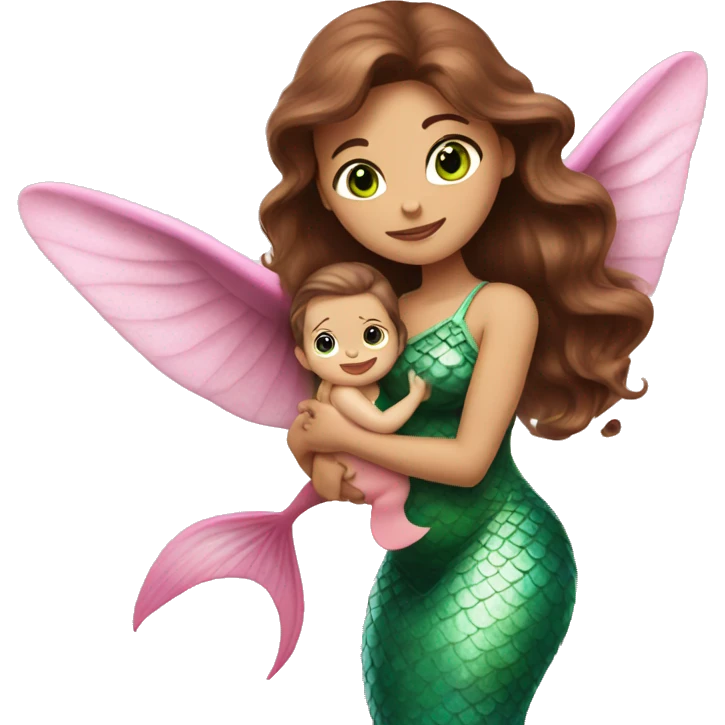 A brown-haired woman with green eyes as a pink mermaid with wings, holding a baby. emoji