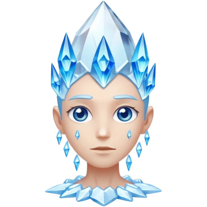 A single crystal character inspired by a clear quartz cluster, amorph base with many tall transparent crystal spikes growing upward all around it with a face emoji