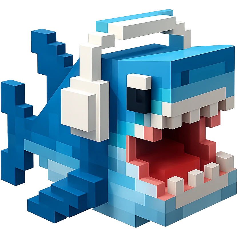 voxel style shark with white headphones, open mouth, blocky, blue and silver, no background emoji