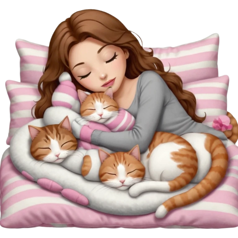 girl with long wavy brown hair, brown eyes, long lashes makeup, sexy pink lips, light to medium complexion,  sleeping on a cozy pillow, with 6 cats: 1 brown and white tabby cat, 1 ginger and white, 2 grey and white, 1 grey with white mittens and small white patch on chest and 1 calico, sleeping emoji