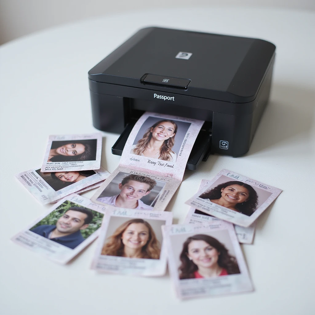 realistic thumbnail image for a passport size photo printing service, showing a modern printer with a large number of printed passport photos spread out on a clean background emoji