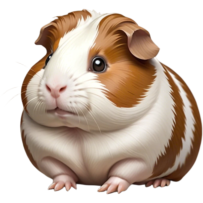 Cinematic Noble Brown and White Banded Guinea Pig Portrait Emoji, Poised and regal, with a compact, chubby build and a uniquely patterned fur of warm brown and crisp white banding, deep-set soulful dark eyes, Simplified yet sharp and sophisticated features, highly detailed, glowing with a soft, dignified glow, high shine, intelligent and charming, stylized with an air of distinctive elegance, focused and attentive, soft glowing outline, capturing the essence of a watchful and confident companion, so majestic it feels as though it could scurry out of the screen with effortless authority! emoji