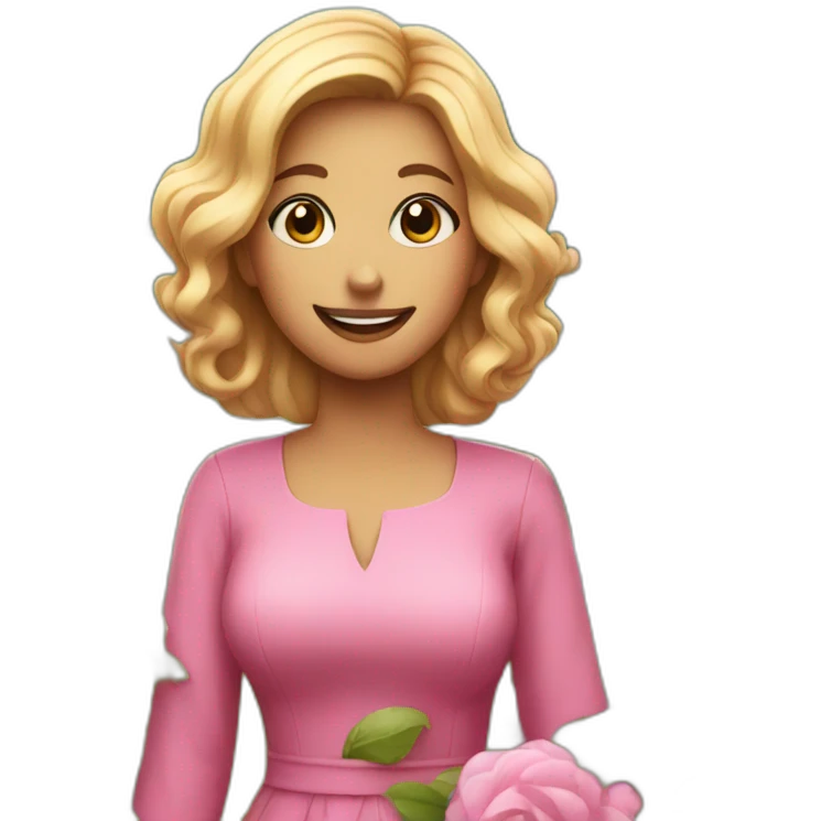 Standing in a garden, holding flowers, wearing a pink dress, facing the camera, and is smiling emoji