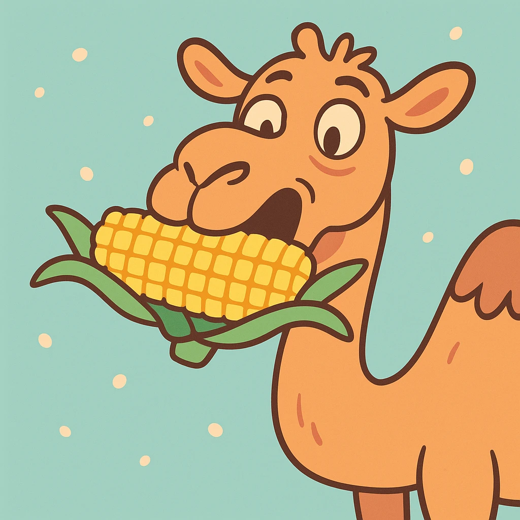 camel eating corn on the cob, pastel toon cartoon style emoji
