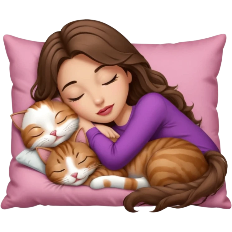girl with long wavy brown hair, brown eyes, long lashes makeup, sexy pink lips, light to medium complexion,  sleeping on a cozy pillow, with brown tabby cat, sleeping emoji