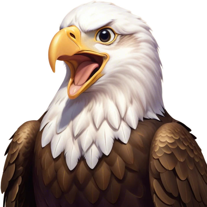 Cinematic Cute Yawning American Eagle Portrait Emoji, Head tilted slightly with a dramatic, wide-open yawn, showcasing a stately form with gently drooping feathers and sleepy, half-closed eyes, Simplified yet irresistibly adorable features, highly detailed, glowing with a soft, cozy majestic glow, high shine, relaxed yet expressive, stylized with a dash of whimsical aerial charm, soft glowing outline, capturing the essence of a drowsy yet affectionate American eagle that appears ready to stretch out for a nap! emoji