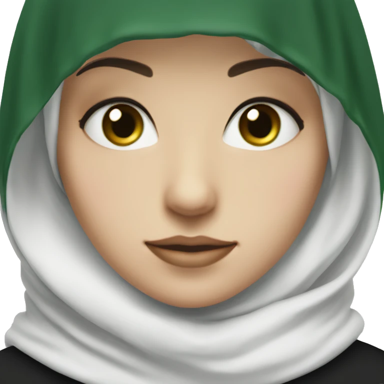 A pale girl with a black shayla hijab, and a white undercap. She has green eyes emoji