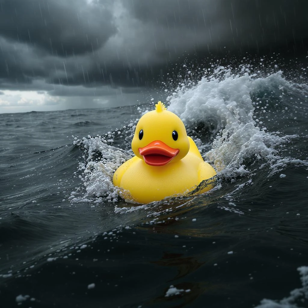 Extreme Closeup shot of Yellow duck toy on ocean during cloudy day, stormy sea, Camera from top, inspired by interstellar emoji