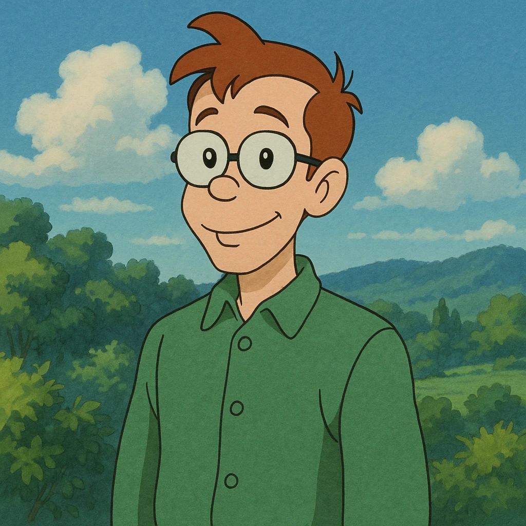 Carl Chryniszzswics from Johnny Bravo, nerdy best friend with glasses, green shirt, in Ghibli art style emoji