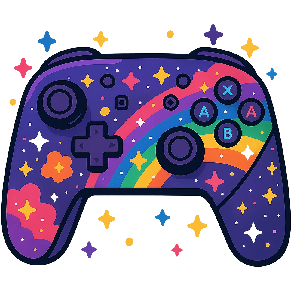 Nintendo Switch Pro controller with a purple rainbow galaxy theme, vibrant cosmic colors, stars and nebulae, visually striking and playful emoji