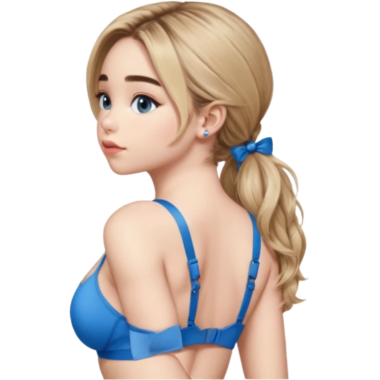 Sabrina carpenter side view with her hands folded and a kiss mark on her back, wearing a blue bra emoji