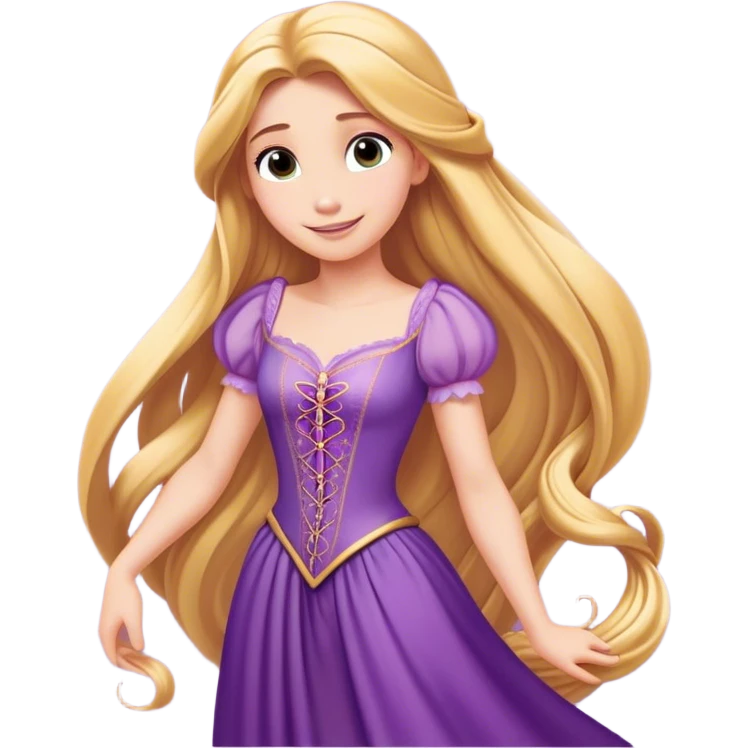 Cinematic Radiant Rapunzel Portrait Emoji, rendered in a flat vector style with clean proportions. Show Rapunzel with a gentle smile, fair, glowing skin, and her iconic long golden hair cascading softly, wearing a simple, elegant purple dress. The image radiates a warm, enchanting glow, high shine, and is accentuated by a soft glowing outline. emoji