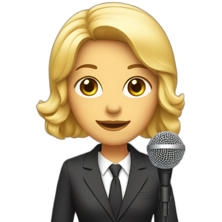 Woman wearing a suit while holding a microphone emoji