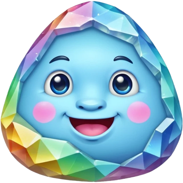 A single pastel rainbow crystal rock character, chubby and heavy with a chunky, irregular polygon shape, not egg-shaped, covered in faceted crystal planes and small chips, soft blue face carved into the rock, big glossy rainbow eyes and a small smiling mout emoji