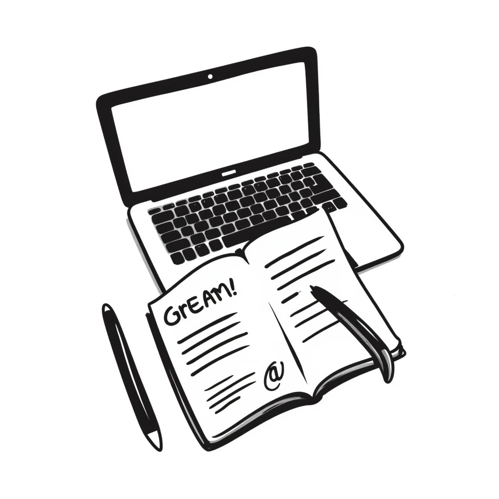 top view of a MacBook and a notebook with a pen nearby, notebook with visible notes emoji