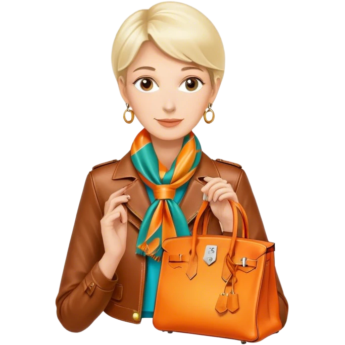 Mature equestrian woman wearing a leather Hermes jacket and a multicolored silk scarf around her neck. She has an orange Hermes Birkin Bag. I want the image to be close up, starting from the waist up.  emoji