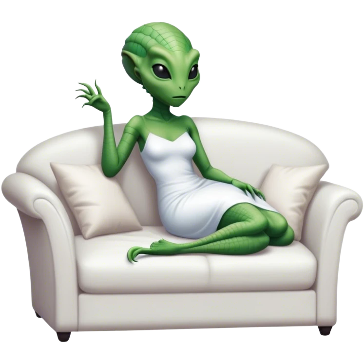 a reptilian alien woman, in white dress, lie on couch comfy, full figure emoji