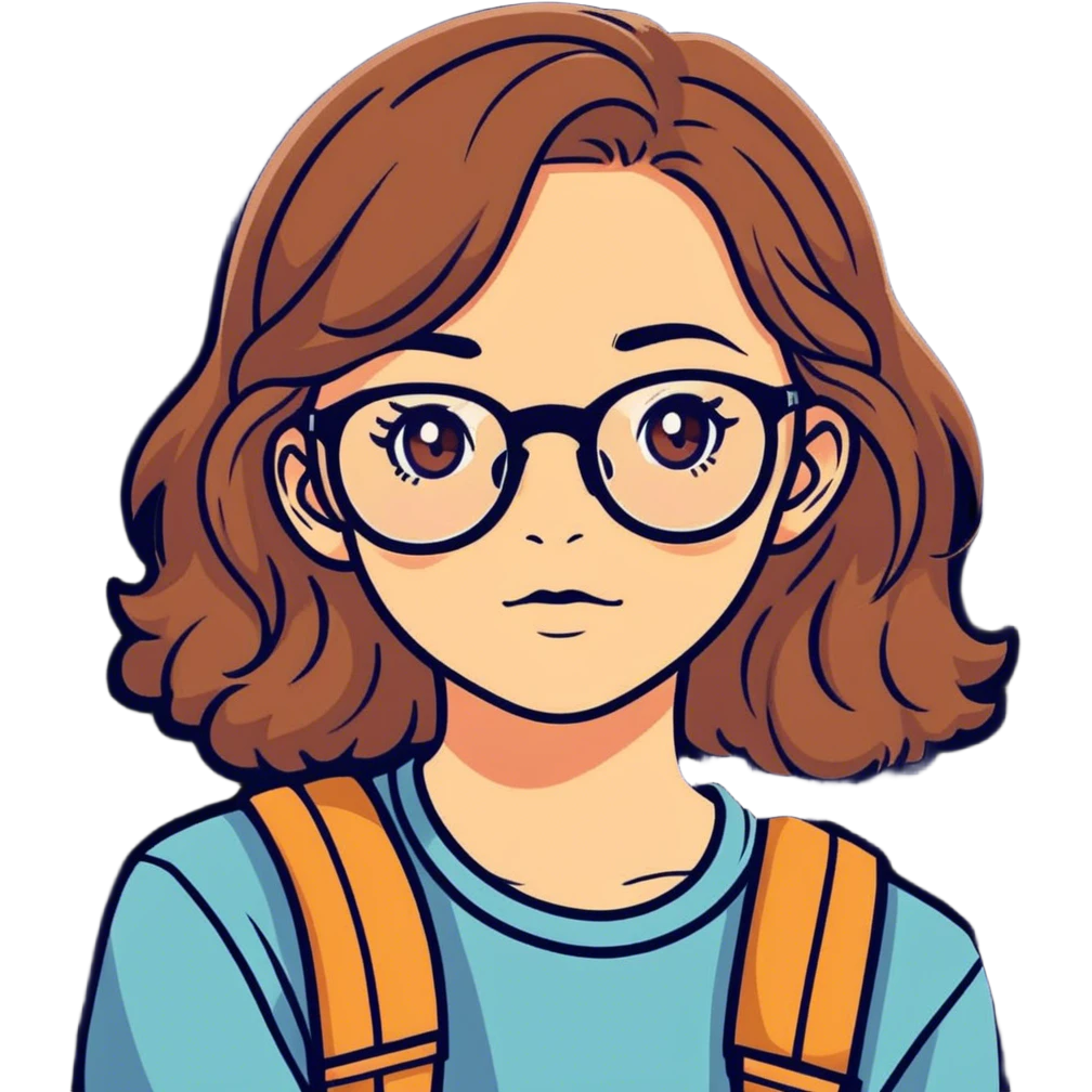 Teenage girl with glasses, hazel eyes, middism wavy hair, ￼￼￼ emoji