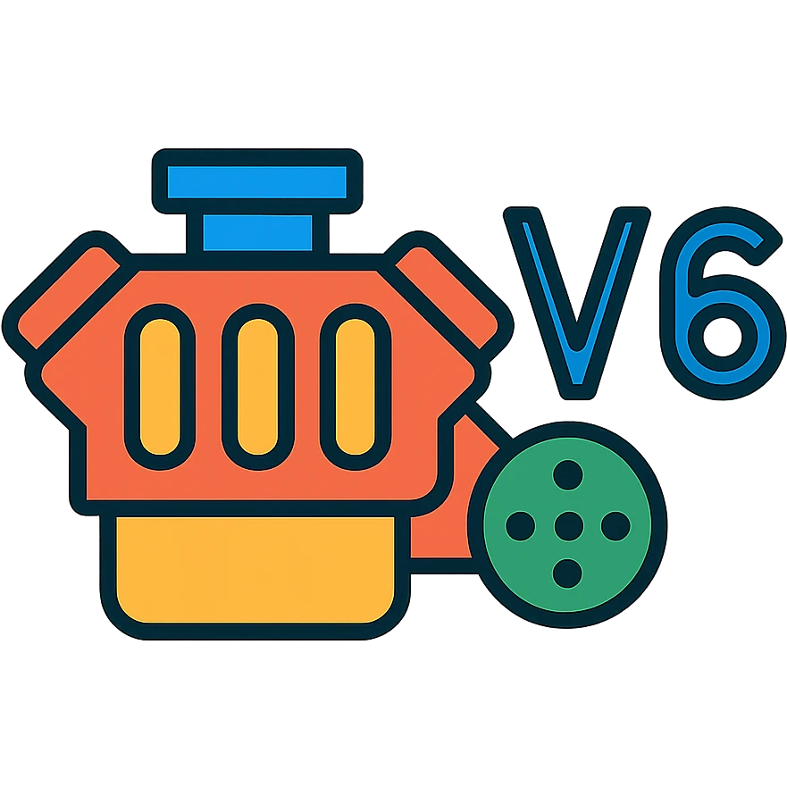 compact 6-cylinder engine icon with 'V6' beside it, minimal and easy to read, no background emoji