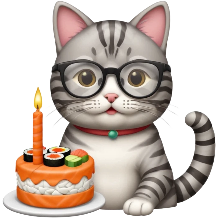 cat with cool glasses eating a birthday cake made out of sushi emoji