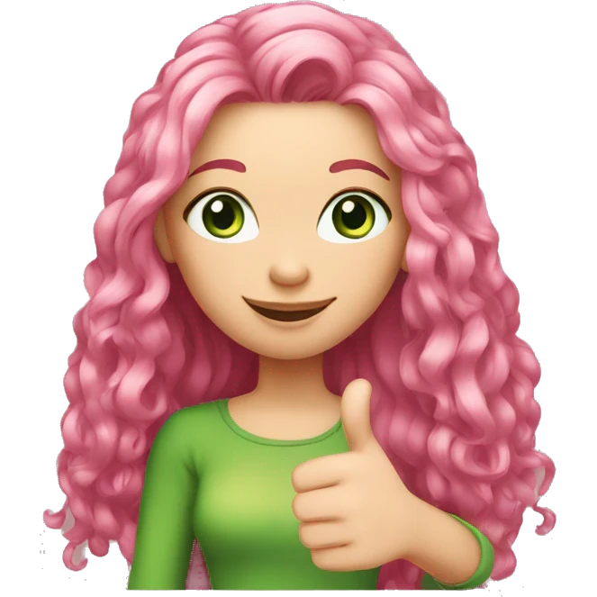 light-skinned green-eyed girl with long pink hair shows thumbs up emoji