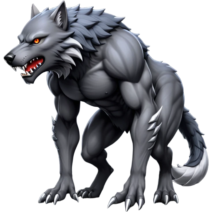cinematic-noble-fierce-werewolf-full body on all fours-emoji, poised-and-imposing, with a tall, lean, and muscular wolfish frame inspired by the brutal, imposing shape of the beast from Berserk, fur rippling in shades of midnight black and silver, massive paws with razor-sharp claws, elongated limbs and fangs, eyes glowing with an intense, primal ferocity, reflecting the untamed power of the wild moonlit night; rendered with realism like a wolf hunched over emoji