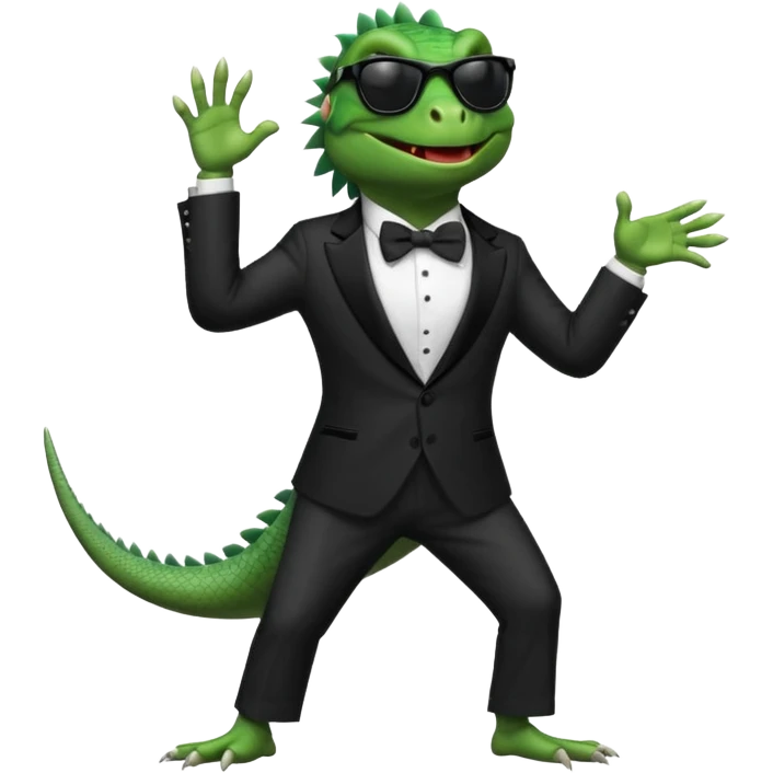 capitalist iguana banker in tuxedo and black sunglasses dancing emoji