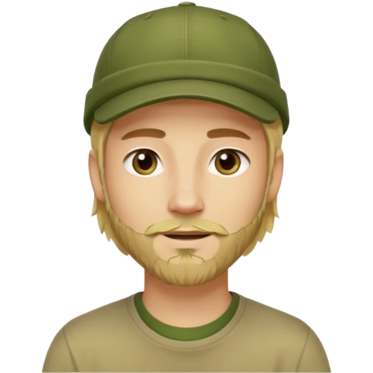 Apple emoji style young man with light skin, long blond hair, short stubble beard, dark eyes, olive green cap, friendly expression, clean shapes and soft gradients. emoji
