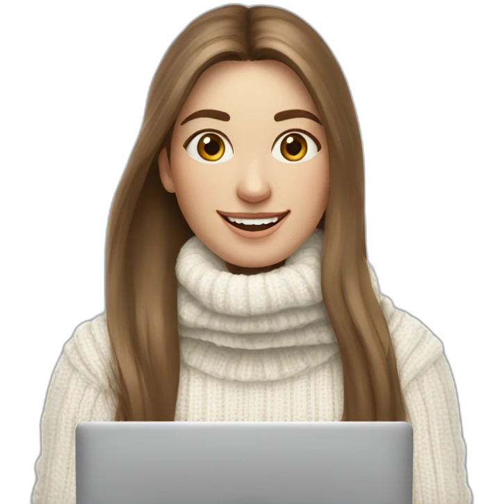 smiling without showing teeth woman with pale skin middle brown long straight hair with a laptop and a coffee mug wearing a white woolly shirt and a white woolly scarf with a turtle neck emoji