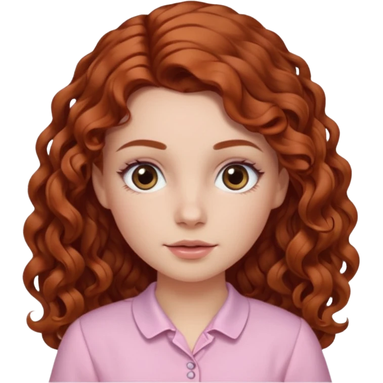 garota branca de cabelos longos cacheado partido ao meio castanho avermelhada com olhos castanhos e blusa rosa bebê emoji