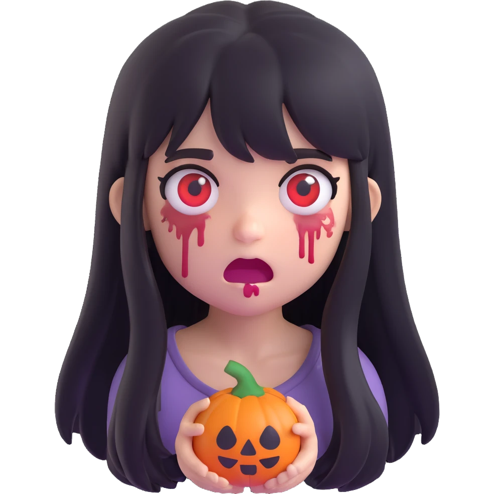 a zombie girl with black long hair and bangs, 3D emoji style, cute, expressive emoji