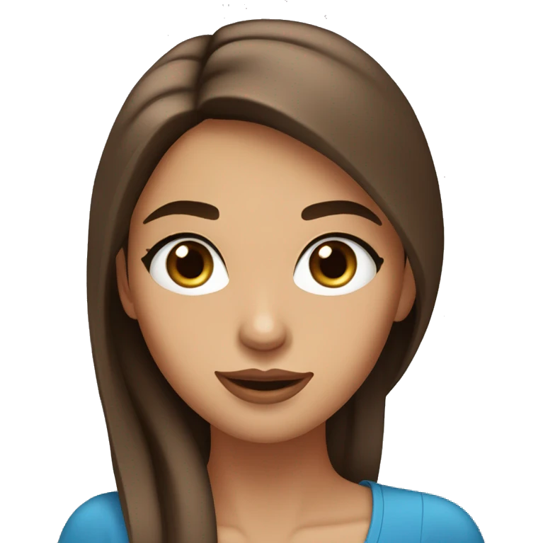 A woman with big round blue eyes, long thick brown straight hair, full lips, thin eyebrows, tanned skin, small straight nose emoji