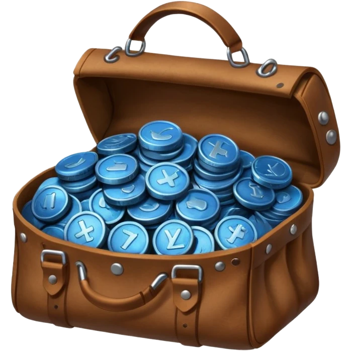 blue coins inside a brown leather bag  emoji