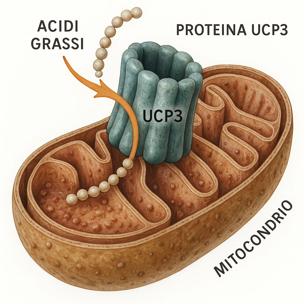 iper realistica illustrazione della proteina UCP3 che trasporta acidi grassi all'interno di un mitocondrio, dettagli molecolari realistici, mitocondrio realistico in sezione, frecce che mostrano il percorso degli acidi grassi, colori naturali, atmosfera educativa, testo in italiano, sfondo bianco emoji